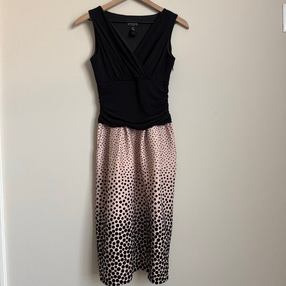 Vintage ENFOCUS STUDIO Women Black Pink Polka Dot V-Neck Cocktail Dress Size 6
